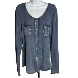TEMPO Paris Blue Knit Button Front Shirt S Sequins Crochet Trim Made In Italy